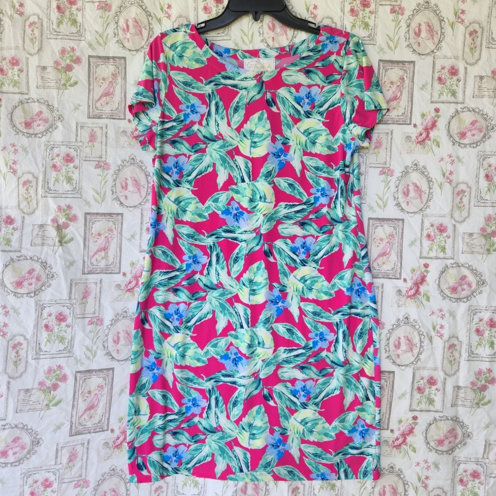 Pappagallo Victoria Island Palm Print Dress Womens M Long Short Sleeve Summer